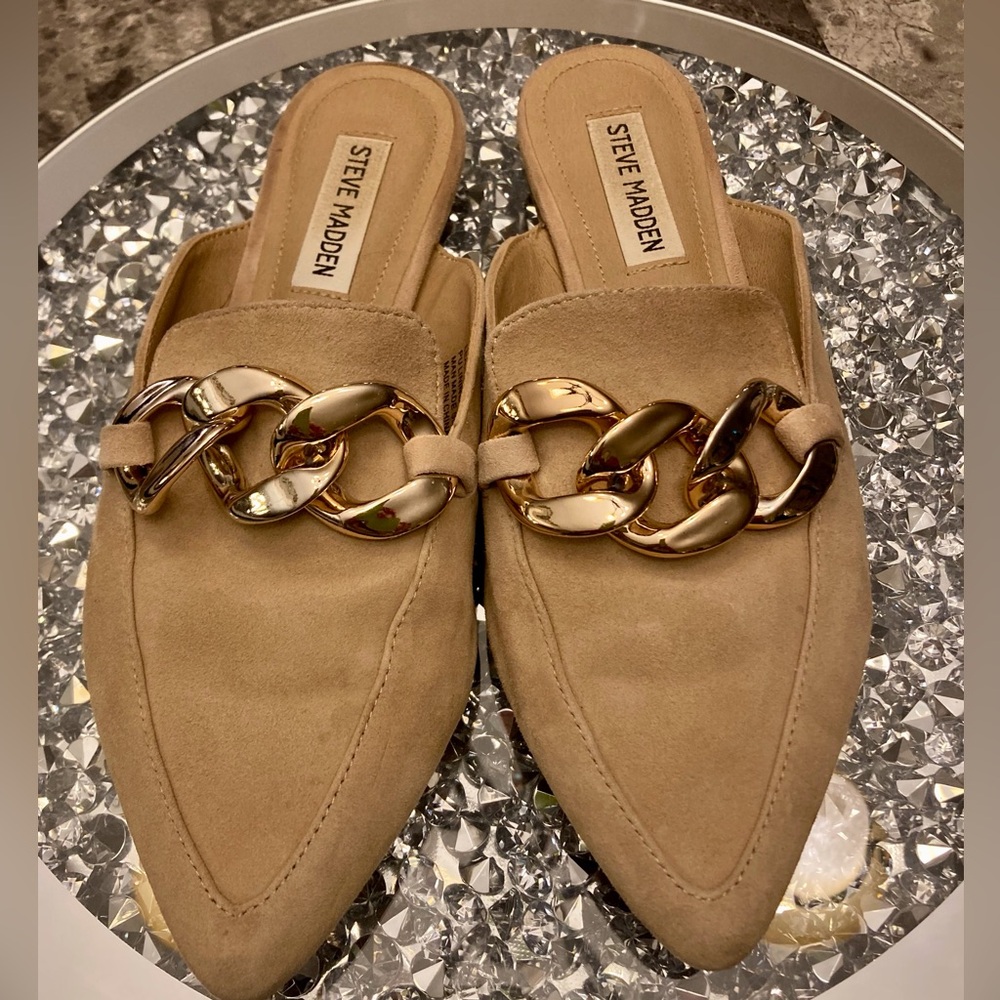 Steve Madden Slip On Mule Camel Suede Gold Tone Chain Cowgirl Event Woman Size 7 - Picture 10 of 12